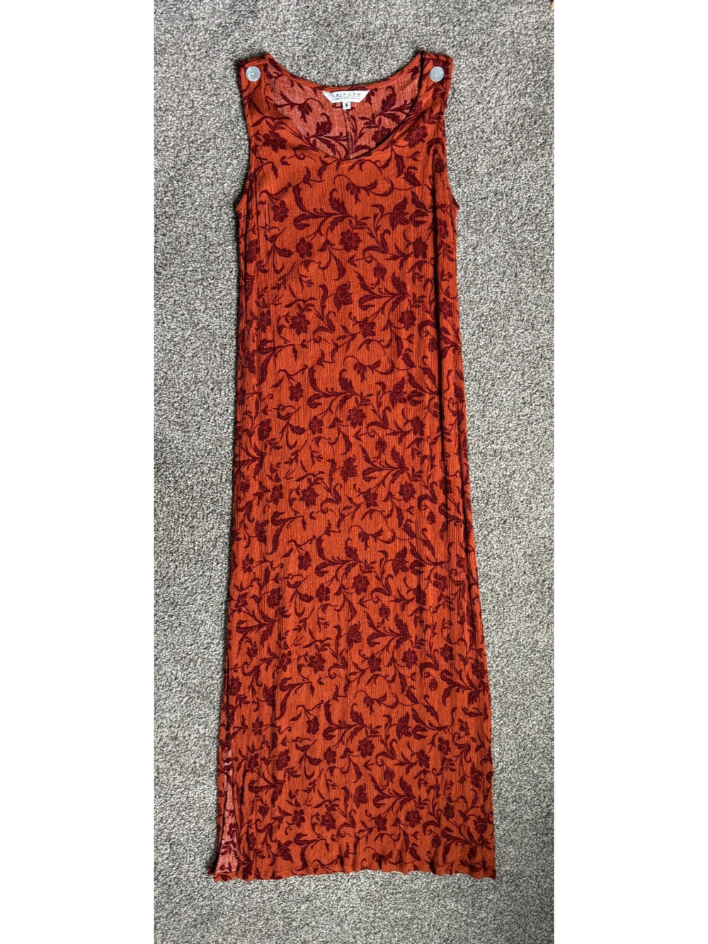 VTG John Paul Richard Uniform Maxi Dress M Rust‎ Floral Crinkle Sleeveless Boho